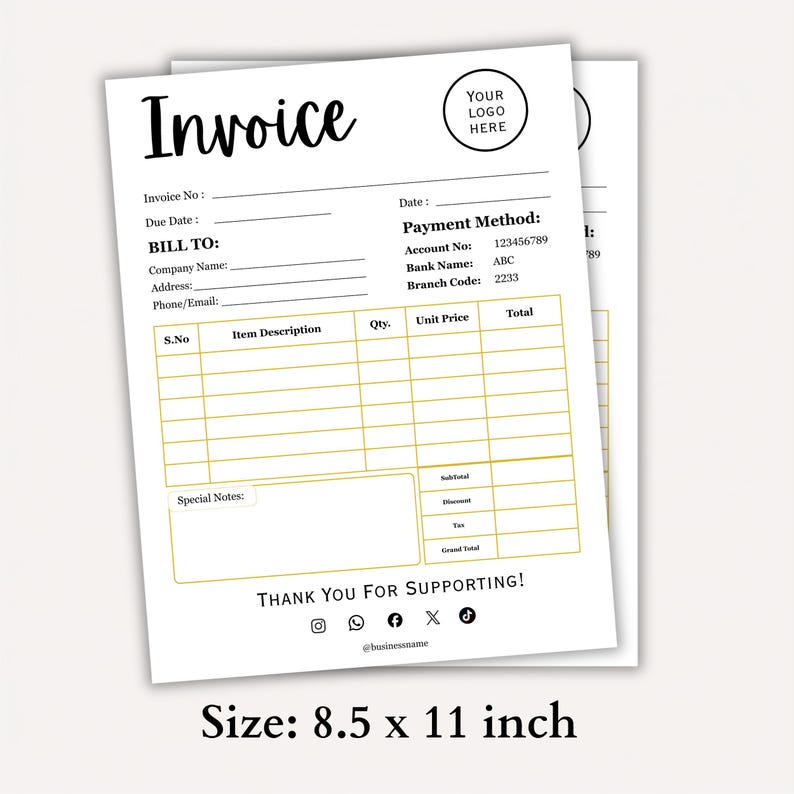 Editable Invoice Template for Small Business, Printable Invoice Form ...