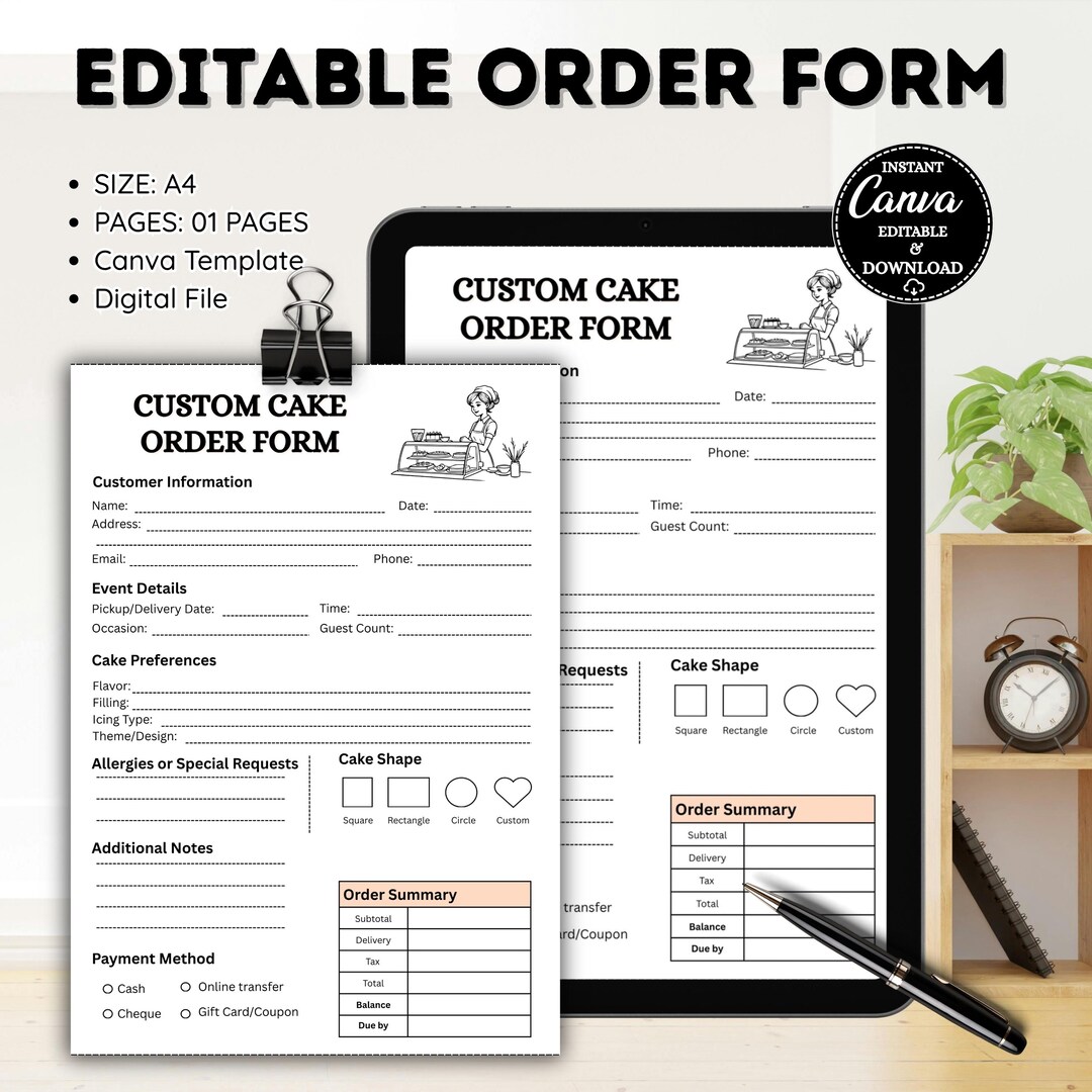 Custom Cake Order Form Template | Editable Bakery Order Sheet ...