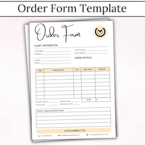 May include: A white paper order form template with black text and peach-colored accents. The document includes sections for client information, order details, itemized lists, payment options, and notes, with a logo featuring a stylized letter V.