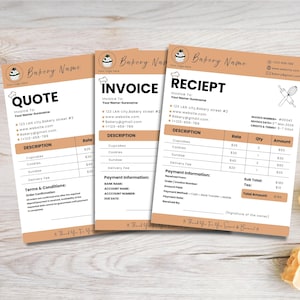 May include: Three bakery-themed business forms: a quote, an invoice, and a receipt. Each form features a logo, contact information, and sections for item descriptions and payment details. The forms have a tan and white color scheme.