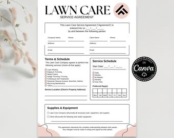 May include: A printable lawn care service agreement template with the words "LAWN CARE SERVICE AGREEMENT" at the top. The document includes sections for company and client information, service details, and a service schedule. The template is fully customizable.