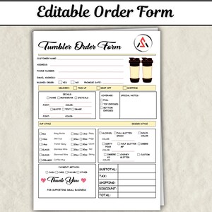 Puede incluir: Un formulario de pedido de vasos editable impreso en papel blanco. El documento incluye secciones para los datos del cliente, opciones de entrega, estilo de vaso, estilo de diseño y métodos de pago. Contiene un logotipo y texto.