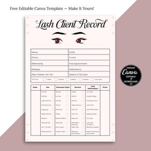 Könnte beinhalten: Eine druckbare Wimpernkunden-Datensatzvorlage mit hellrosa Hintergrund. Das Formular enthält Abschnitte für Kundeninformationen, Wimpernstilpräferenzen und Servicedetails. Der obere Teil des Formulars enthält den Text "Lash Client Record" und dekorative Augenillustrationen.