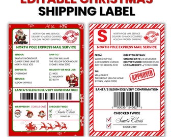 Santa Shipping Label Template, Editable Elf Mail Tags, North Pole Delivery Sticker, Christmas Gifts Postage Label (Canva Download)