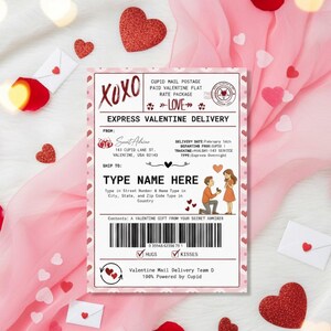 May include: A Valentine's Day themed shipping label with the text "XOXO" and "Express Valentine Delivery." The label includes a barcode, hearts, and the phrases "Hugs" and "Kisses." The label is decorated with hearts and small envelopes.