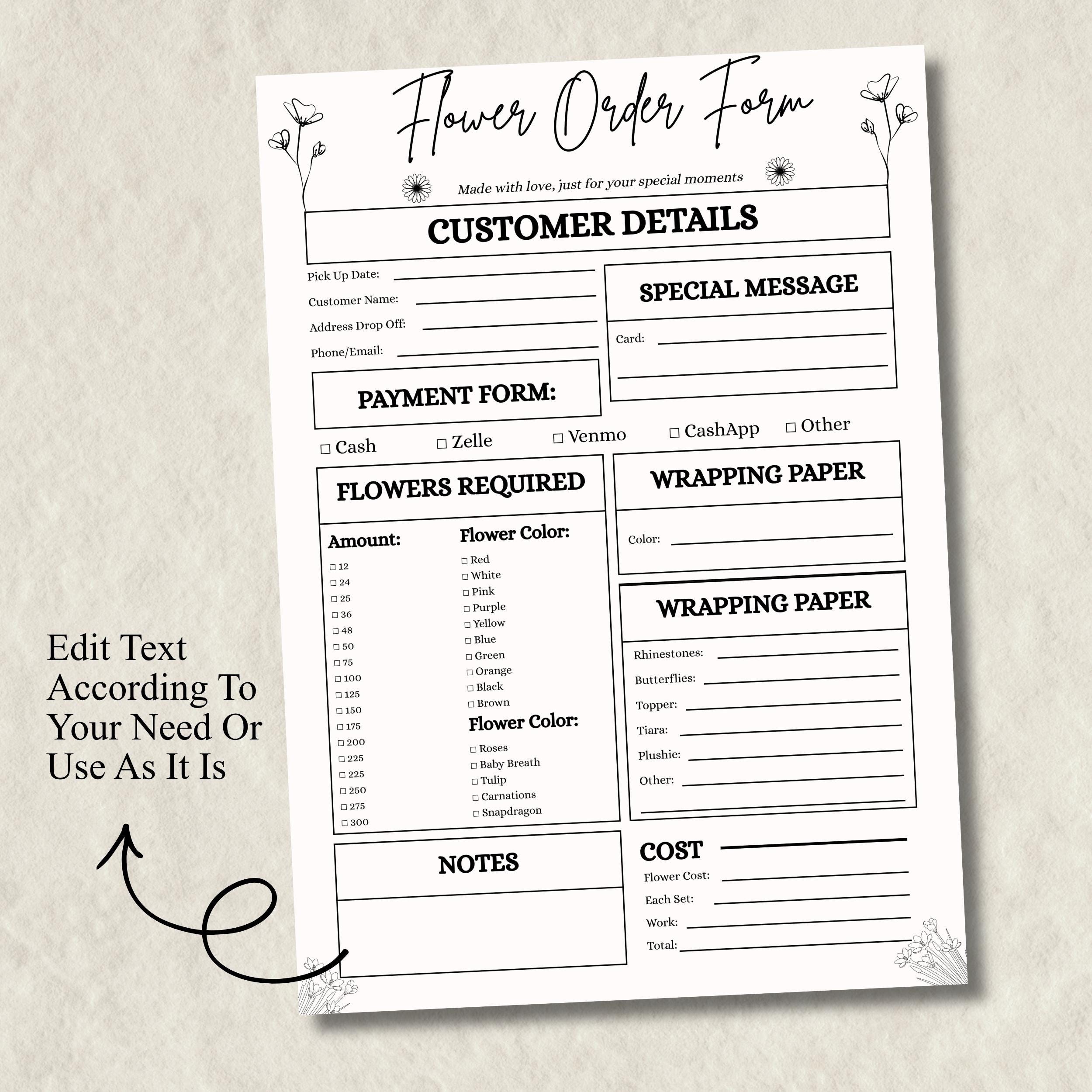 Editable Florist Order Form Canva Template, Printable Flower Shop Order ...