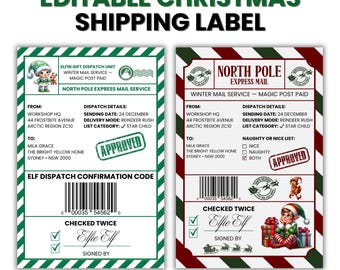 Editable Santa Mail Label Canva Template, Thermal Christmas Shipping Labels, North Pole Delivery Stickers