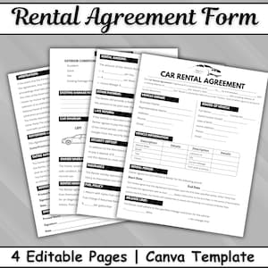Może przedstawiać: Zestaw czterech białych stron papieru zatytułowanych Rental Agreement Form, zawierających czarny tekst i linie do wpisywania szczegółów wynajmu samochodu, w tym informacje o pojeździe, dane właściciela i najemcy oraz warunki.