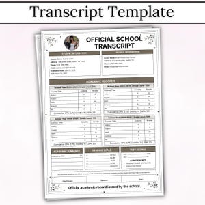 May include: A printed official school transcript template featuring sections for student and school information, academic records for grades 9 through 12, a grading scale, test scores, and achievements, with a circular photo placeholder at the top.