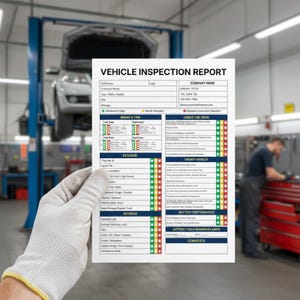 May include: A white vehicle inspection report is held by a gloved hand in an auto repair shop. The report includes sections for brake and tire, exterior, interior, and battery performance. The text "VEHICLE INSPECTION REPORT" is at the top.