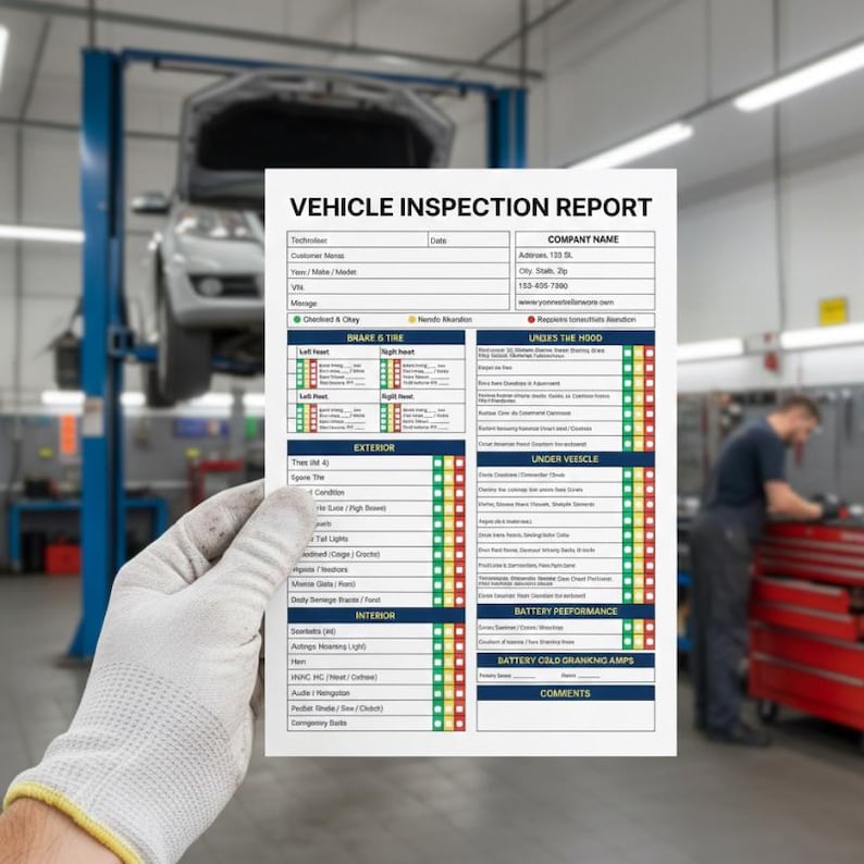 May include: A white vehicle inspection report is held by a gloved hand in an auto repair shop. The report includes sections for brake and tire, exterior, interior, and battery performance. The text "VEHICLE INSPECTION REPORT" is at the top.