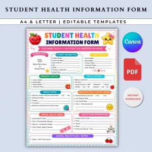 May include: A colorful Student Health Information Form template featuring sections for student details, parent contacts, emergency information, medical history, medications, and health care needs, decorated with cute cartoon icons like an apple and star.