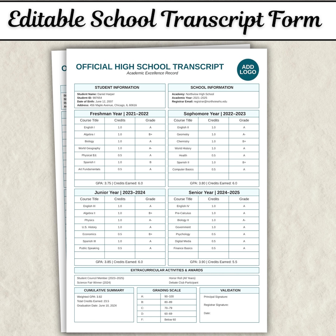 Homeschool Transcript Template, Editable Academic Record Canva Template ...