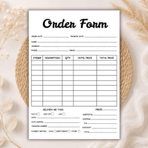 May include: A white paper order form with black text and grid lines. The header reads Order Form. Fields include order date, promise date, name, address, phone, email, item number, description, quantity, unit price, total price, delivery method, and payment method.