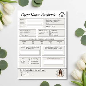 May include: A black and white Open House Feedback form with fields for name, phone, and email. It includes questions about working with an agent, timeframe for buying, and home rating. The form also has a section for additional feedback.