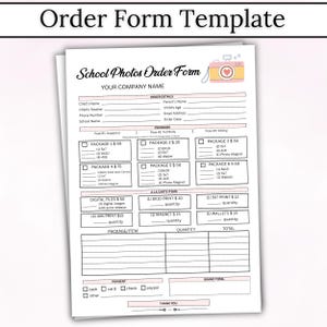 May include: A white school photos order form template with black text and pink accents. The document features sections for order details, packages, a la carte items, and payment methods, topped with a small pink camera illustration and the text School Photos Order Form.