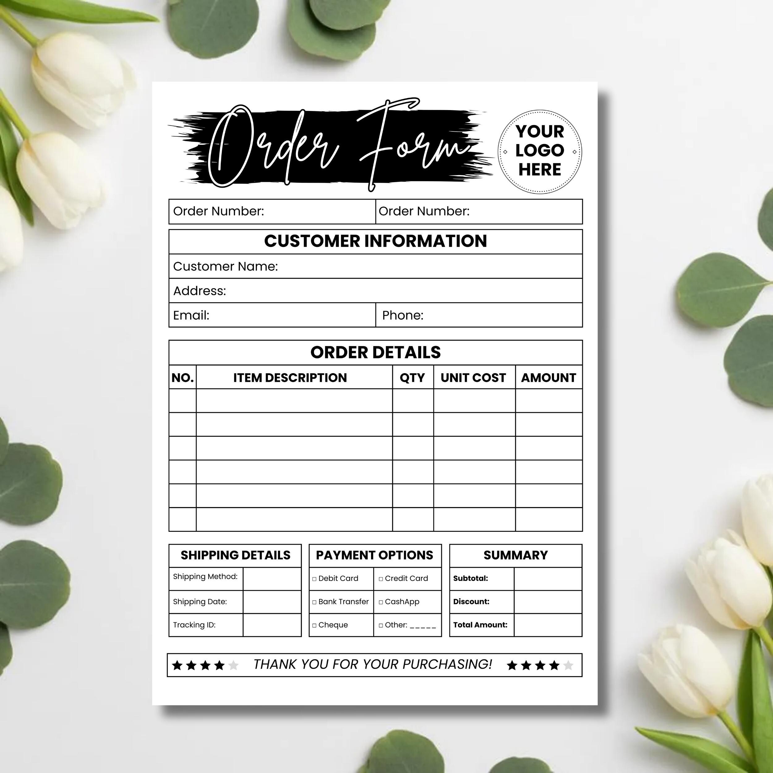 Editable Order Form Template Printable Small Business Invoice Custom ...