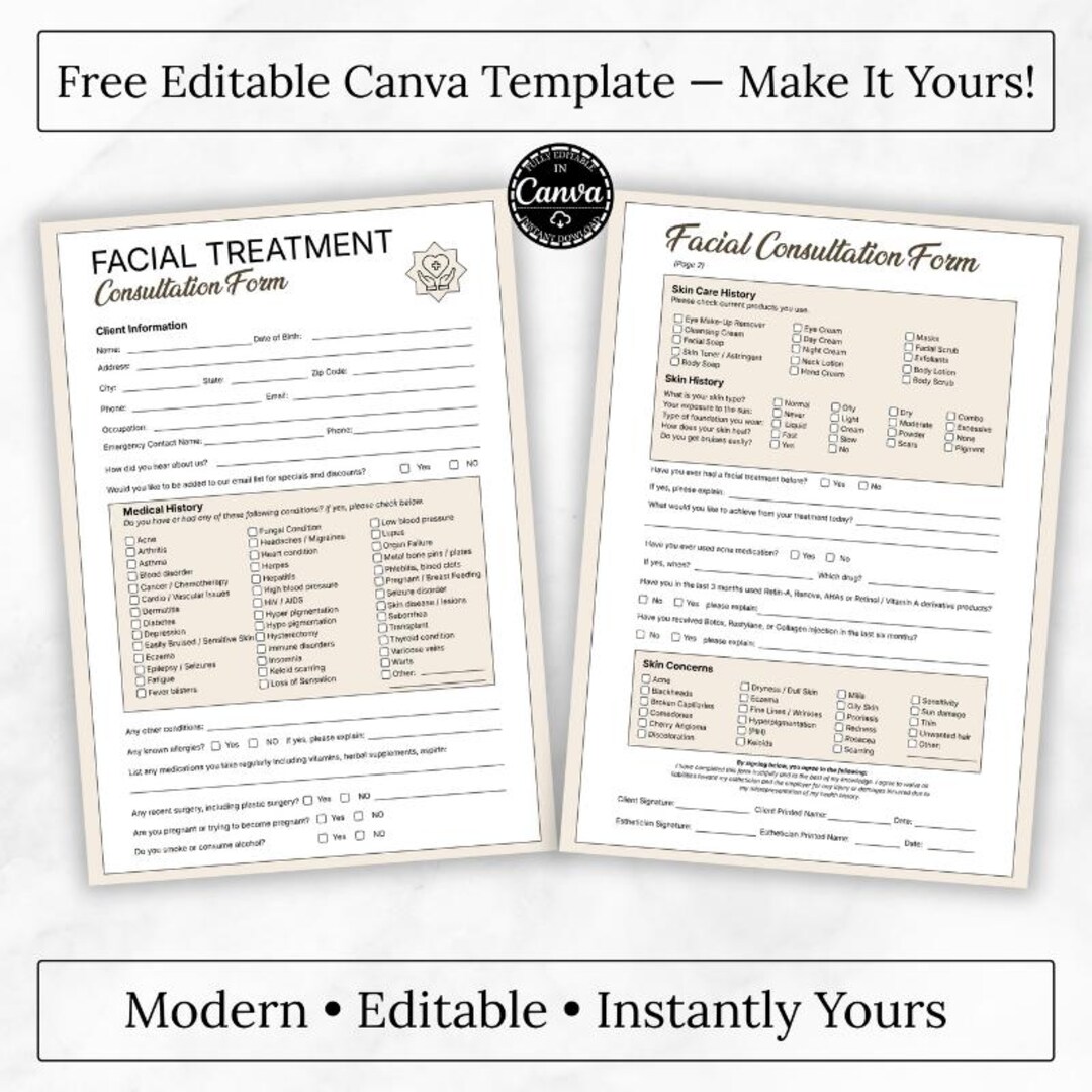 Facial Treatment Client Intake Form Canva Template, Editable Skincare ...