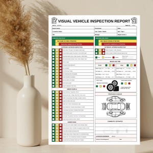 May include: A white vehicle inspection report with the title "VISUAL VEHICLE INSPECTION REPORT" in black text. The report includes sections for checking various vehicle components, with checkboxes and color-coded indicators for status.