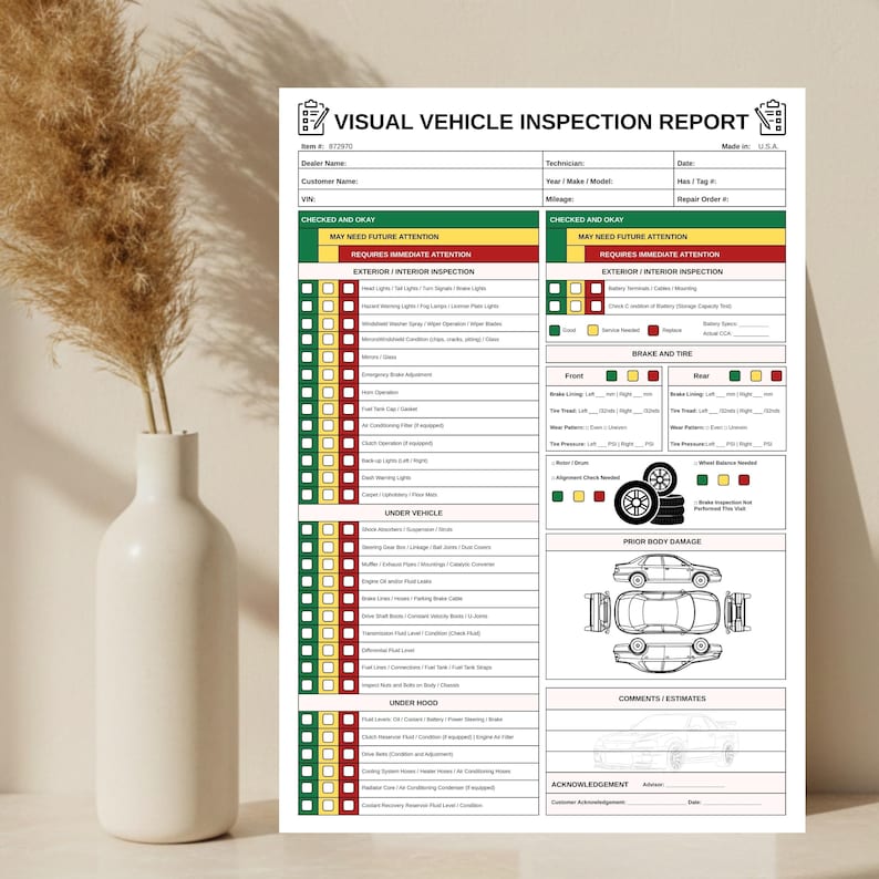 May include: A white vehicle inspection report with the title "VISUAL VEHICLE INSPECTION REPORT" in black text. The report includes sections for checking various vehicle components, with checkboxes and color-coded indicators for status.