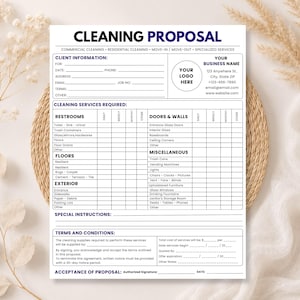 May include: A white cleaning proposal form with dark blue text. The document includes sections for client information, business details, a logo placeholder, and a checklist for cleaning services including restrooms, floors, exterior, doors, walls, and miscellaneous items.