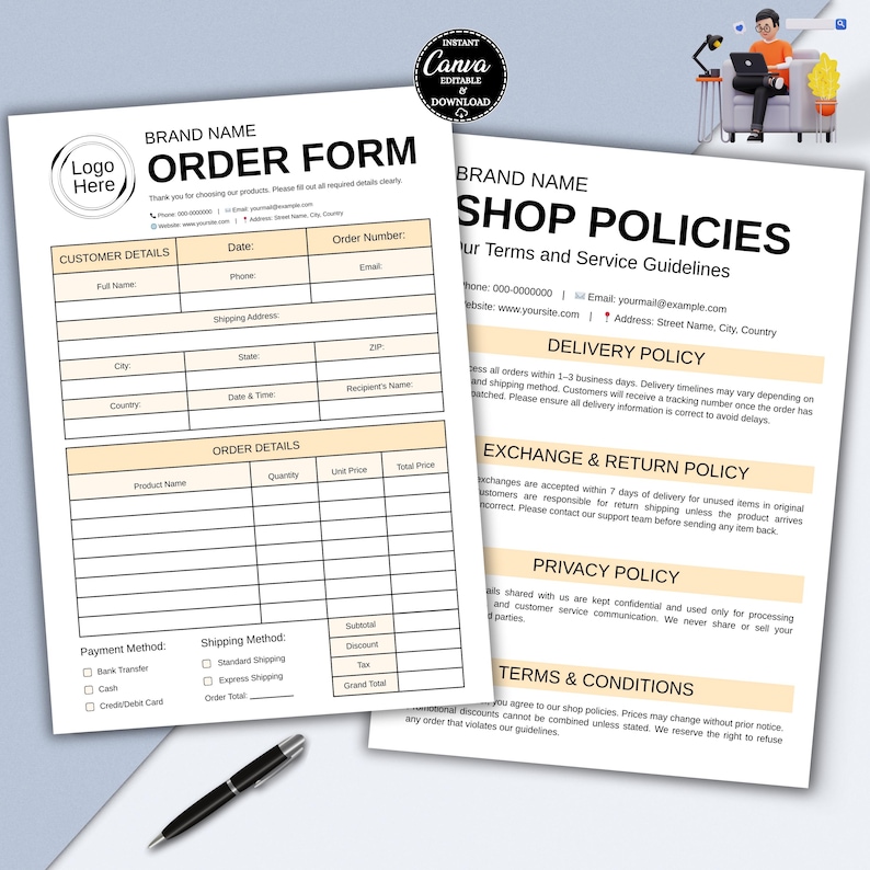 Editable Order Form & Shop Policies Canva Template Bundle for Small ...