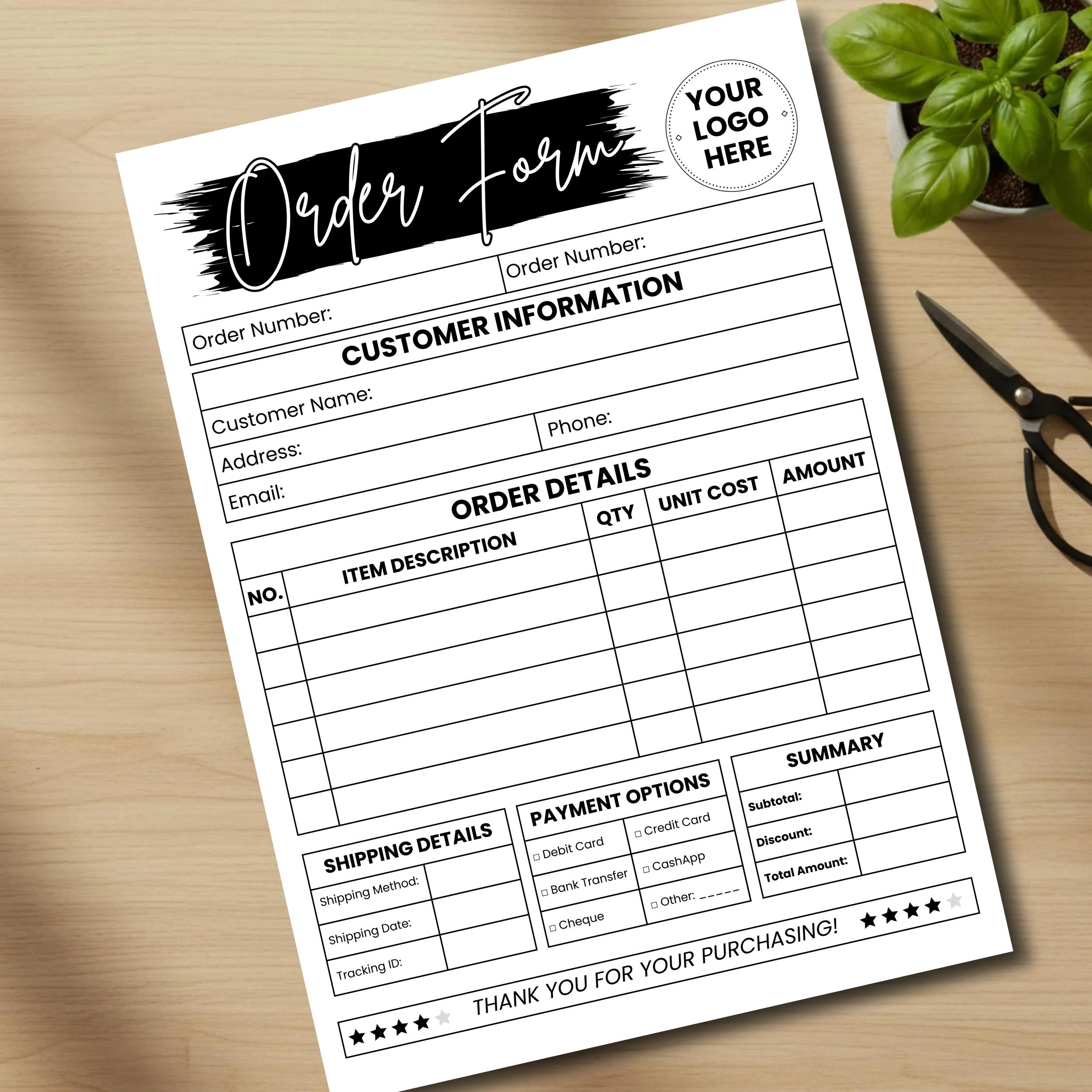Editable Order Form Template Printable Small Business Invoice Custom ...