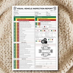 May include: A white Visual Vehicle Inspection Report with black text. The report includes sections for exterior/interior inspection, under vehicle, under hood, brake and tire, and prior body damage. The report is made in the USA.