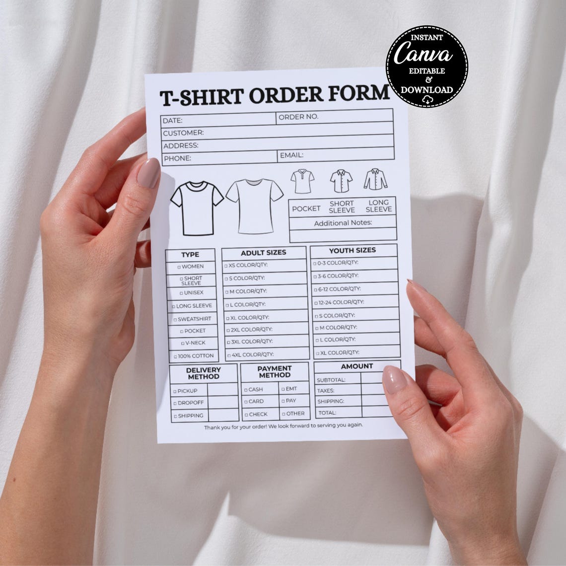 Editable T-shirt Order Form Template Printable, Custom Shirt Order ...