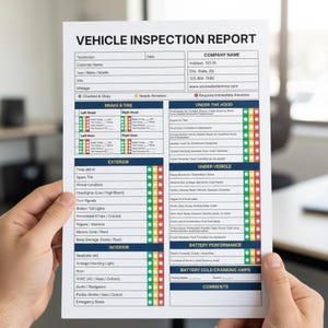 May include: A vehicle inspection report with sections for brakes, tires, exterior, interior, and under the hood. The report includes areas for checking and noting issues. The document is held by a person.