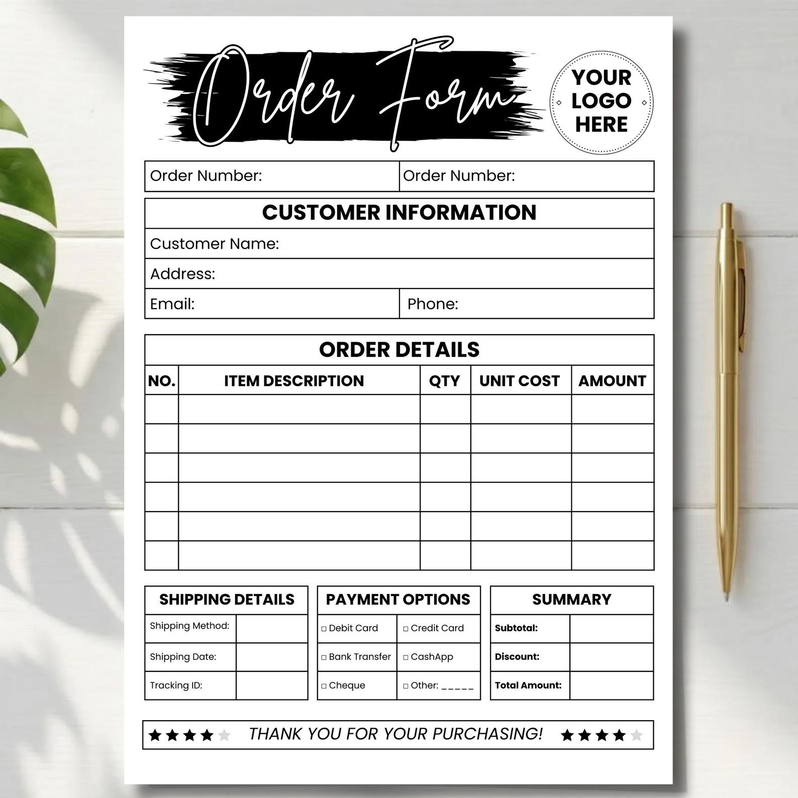 Editable Order Form Template Printable Small Business Invoice Custom ...