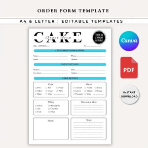 Könnte beinhalten: Eine weiße Tortenbestellformular-Vorlage mit schwarzem Text und blauen Kopfzeilen. Das Dokument enthält Abschnitte für Kundeninformationen, Veranstaltungsdetails, Tortenspezifikationen wie Farbe, Geschmack und Füllung sowie Bereiche für Skizzen und Notizen.