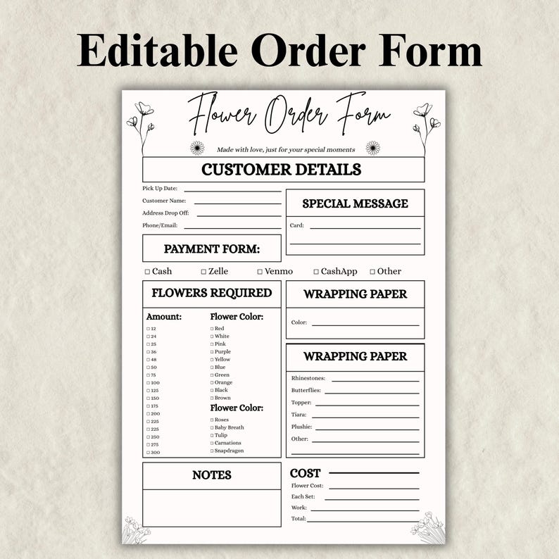 Editable Florist Order Form Canva Template, Printable Flower Shop Order ...