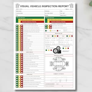 May include: A white, printed Visual Vehicle Inspection Report with sections for checking vehicle components. The report includes areas for exterior, interior, under vehicle, and under hood inspections. It features check boxes and sections for comments and acknowledgement.