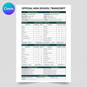 Peut inclure: Bulletin officiel du lycée de Canva. Le document comprend les informations de l'élève, les détails de l'école, les titres des cours, les notes finales et les crédits obtenus. Il répertorie également le résumé de l'obtention du diplôme et les honneurs et récompenses.