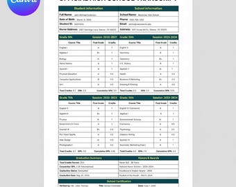 Offizielle High School Transkript-Vorlage, bearbeitbarer Schüler-Noten-Tracker, Canva Homeschool Tranript, druckbares GPA-Tranriptform-Formular