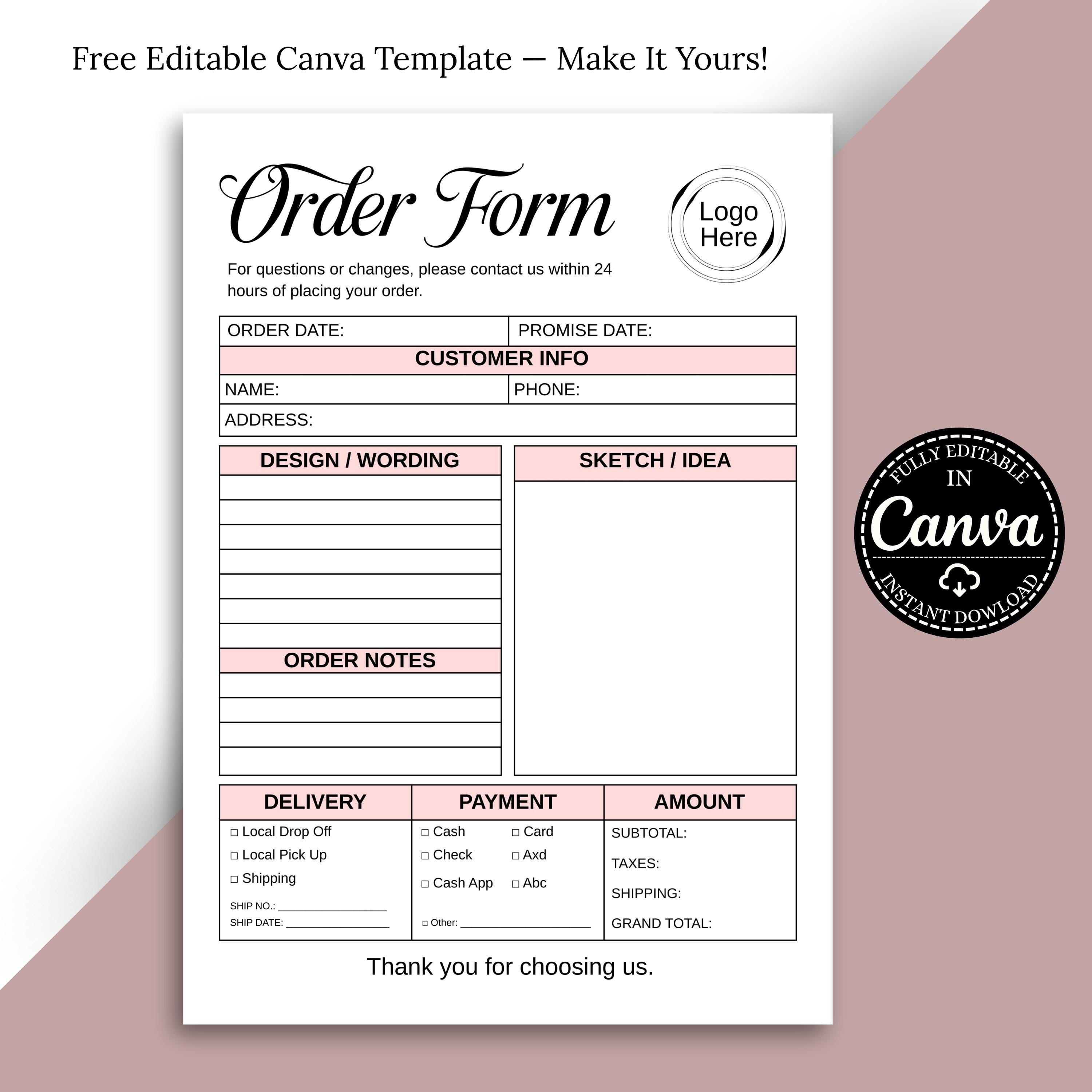 Editable Order Form Template for Small Business, Printable Custom Order ...