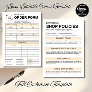 Peut inclure: Modèle numérique pour un bon de commande et des politiques de magasin. Le bon de commande comprend des champs pour les coordonnées du client, les détails de la commande et les modes de paiement. Les politiques du magasin décrivent la livraison, l'échange, le retour, la confidentialité et les conditions générales. Un stylo est au premier plan.