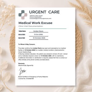 May include: A white medical work excuse document from Urgent Care with a gray and pink cross logo. It includes the patient name Jordan Davis, date of birth 13 Oct 2000, and visit date 10 October 2026, with a formal letter and signature.