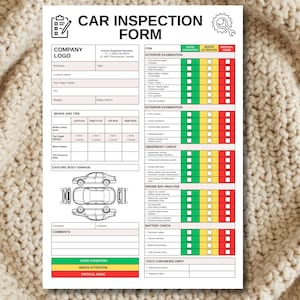 May include: A white car inspection form with the title "CAR INSPECTION FORM" in bold black letters. The form includes sections for exterior and interior examination, underbody check, engine bay analysis, and battery check. The form has a company logo section and a color-coded key.