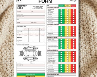 May include: A white car inspection form with the title "CAR INSPECTION FORM" in bold black letters. The form includes sections for exterior and interior examination, underbody check, engine bay analysis, and battery check. The form has a company logo section and a color-coded key.