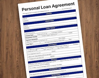 May include: A white Personal Loan Agreement form with blue text and borders. The document includes sections for lender and borrower information, loan terms, repayment details, and signatures. The agreement is on a wooden surface.
