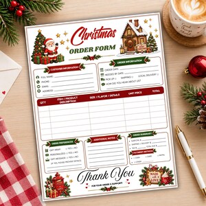 Puede incluir: Un formulario de pedido navideño impreso con ilustraciones festivas de Santa Claus, una casa decorada y árboles de pino. El documento incluye secciones para información del cliente, detalles del pedido, precios y un mensaje de agradecimiento.