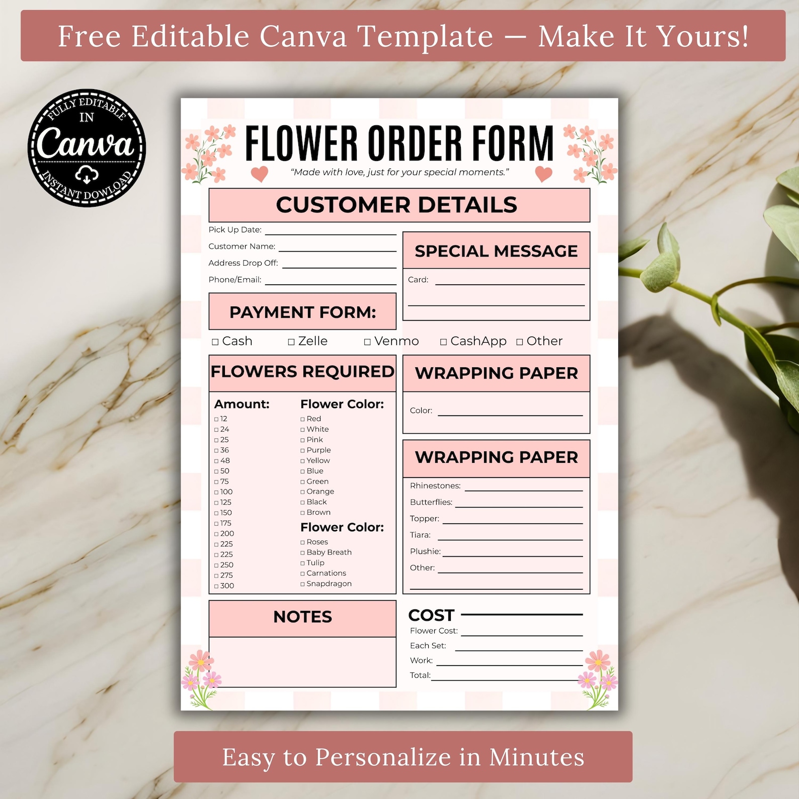 Editable Canva Flower Order Form Template, Florist Order Sheet, Bouquet ...