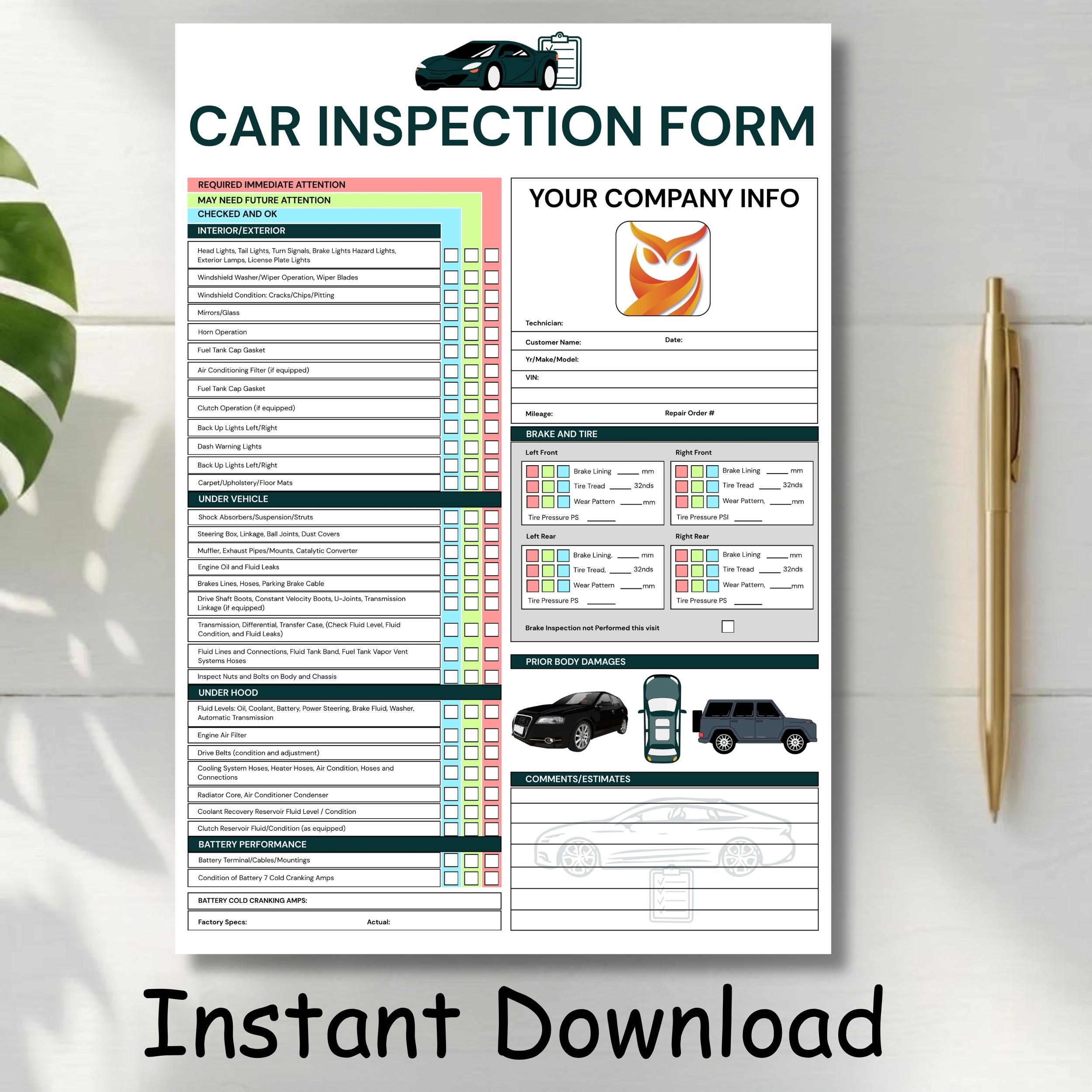 Car Inspection Form Template, Editable Vehicle Checklist, Auto Repair ...