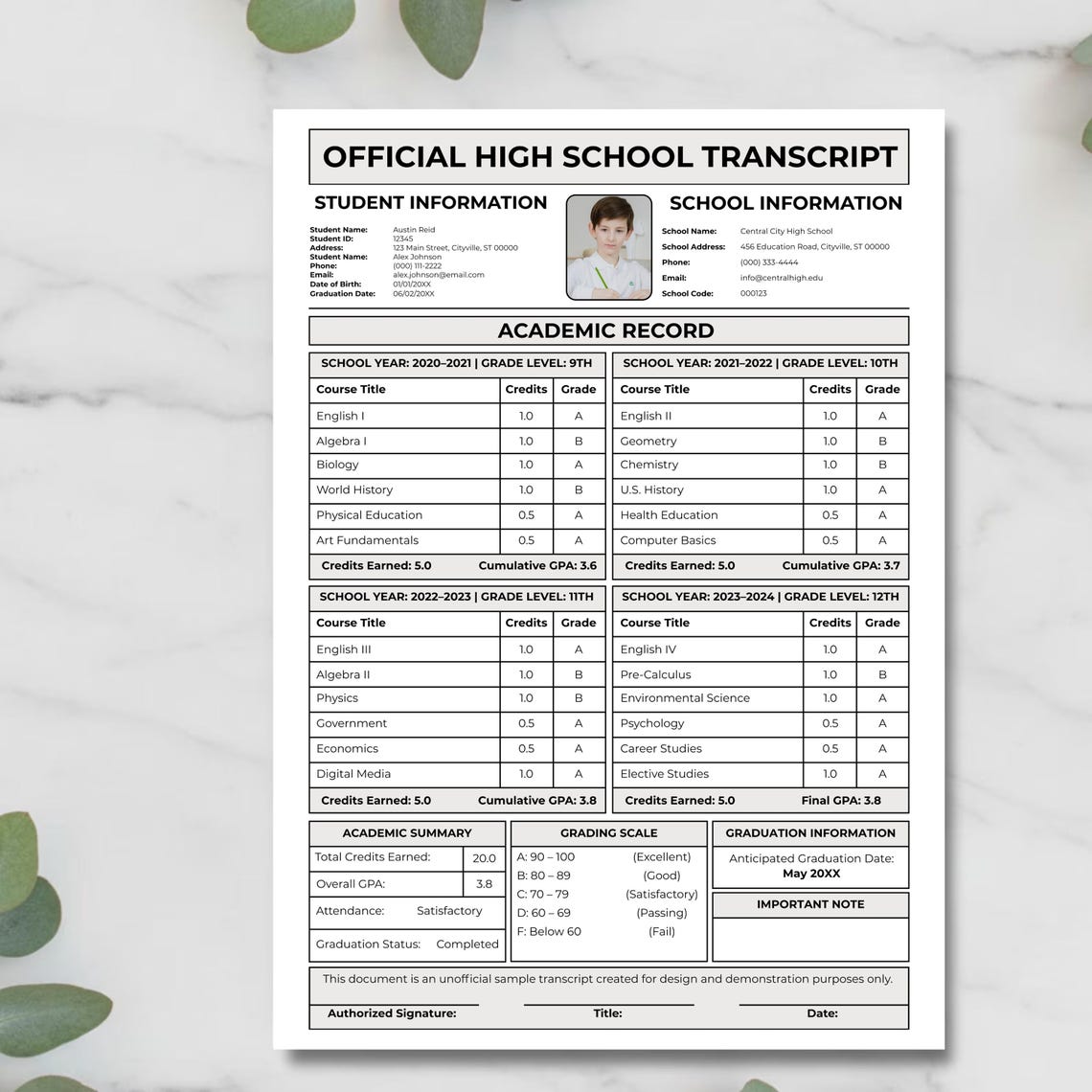 Example Transcript High School Graduation High School Transcript Template Editable Homeschool Academic Record GPA ...