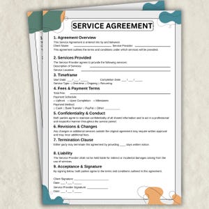 Peut inclure: Un document de contrat de service imprimé avec une bordure noire et des formes abstraites bleu sarcelle et orange dans les coins. Le texte comprend des sections pour l'aperçu, les services, les délais, les frais et les signatures.