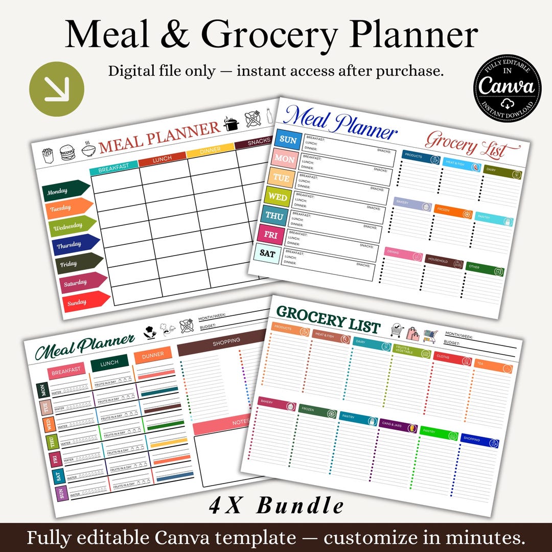 Weekly Meal Planner PDF, Planner Bundle Printable, Colorful Grocery ...
