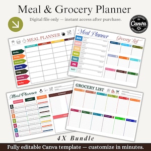 Weekly Meal Planner PDF, Planner Bundle Printable, Colorful Grocery List & 7 Day Meal Prep Planner, Digital Food Journal Canva Download