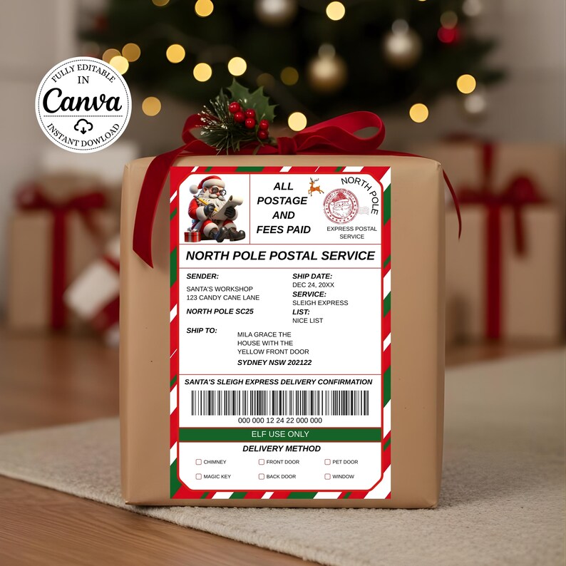 Editable Santa Shipping Label Canva Template, Personalized North Pole ...